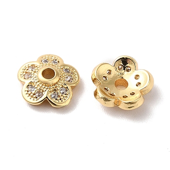 Brass Micro Pave Cubic Zirconia Bead Cap, 5-Petal Flower, Real 18K Gold Plated, 8.5x3mm, Hole: 1.6mm