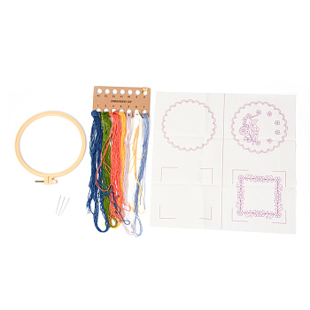 DIY Embroidery Cup Mat Sets, Including Imitation Bamboo Embroidery Frame, Iron Pins, Embroidered Cloth, 8 Colors Cotton Embroidery Threads, Colorful, 17.5x16x1cm