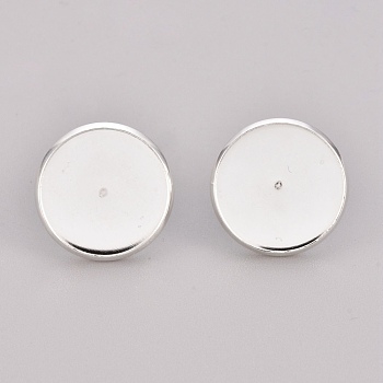 304 Stainless Steel Stud Earring Settings, Flat Round, Silver, Tray: 16mm, 18x2mm, Pin: 0.9mm