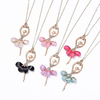 Alloy Resin Pendant Necklaces, with Rhinestone and Real 18K Gold Plated Brass Cable Chains, Ballet Girl, Mixed Color, 23.43 inch(59.5cm)