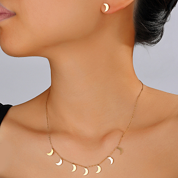 Fashionable 18K Gold Plated Stainless Steel Moon Pendant Necklace & Stud Earrings Set for Women