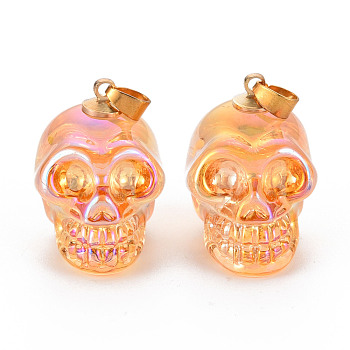 Electroplate K9 Glass Pendants, with Golden Plated Brass Bails, Skull, Halloween, Sandy Brown, 25x26~27x19mm, Hole: 5x3mm