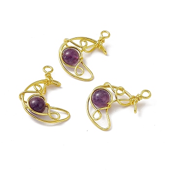 Natural Amethyst Pendants, Moon Charms, with Rack Plating Golden Tone Brass Findings, Cadmium Free & Lead Free, 31.5~33x22x8.5mm, Hole: 2.5~3mm