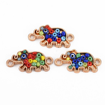 Alloy Enamel Links Connectors, with Glass Seed Beads, Light Gold, Elephant, Colorful, 12x22.5x3mm, Hole: 1.6mm