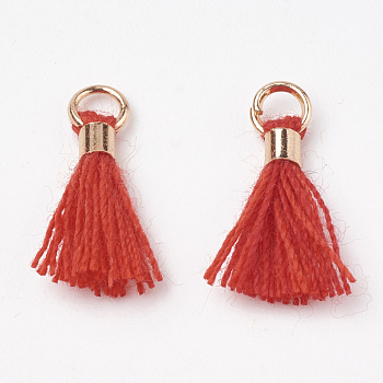 Polycotton(Polyester Cotton) Tassel Pendant Decorations, Mini Tassel, with Brass Findings, Light Gold, Red, 10~15x3~4mm, Hole: 2mm