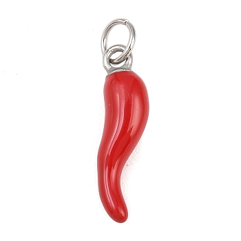 304 Stainless Steel Enamel Big Pendants, Horn of Plenty/Italian Horn Cornicello Charms, Stainless Steel Color, 27x7x6mm, Hole: 5mm