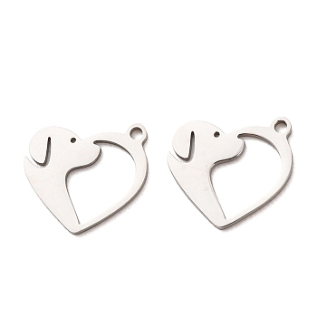 201 Stainless Steel Pendants, Heart with Dog Charms, Stainless Steel Color, 15.5x14.5x1mm, Hole: 1.4mm