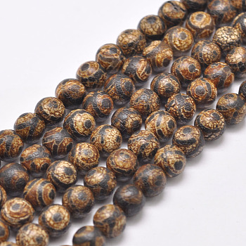 Tibetan Style 3-Eye dZi Beads Strands, Natural & Dyed Agate Beads, Matte Style, Round, Saddle Brown, 8mm, Hole: 1mm, about 48pcs/strand, 16 inch