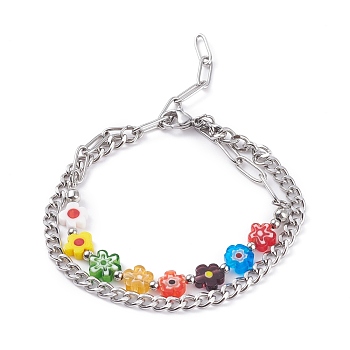 304 Stainless Steel Chain Bracelets for Women, Handmade Flower Millefiori Glass Bead Multi-strand Bracelets, Colorful, 6-7/8 inch(17.5cm)