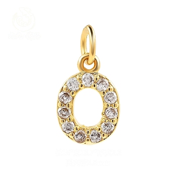 Brass Cubic Zirconia Pendants with Jump Rings, Real 18K Gold Plated, Letter O, 15x10.7x2.2mm, Hole: 2.8mm