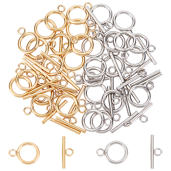 304 Stainless Steel Ring Toggle Clasps, Golden & Stainless Steel Color, Ring: 19x14x2mm, Bar: 20x7x2mm, Hole: 3mm, 2colors, 15sets/color, 30sets/box