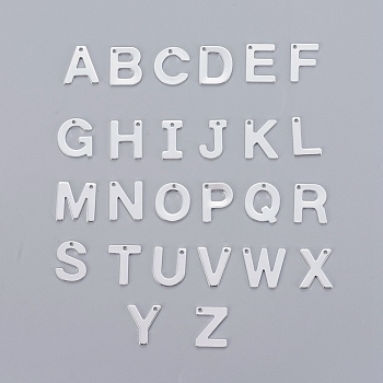 201 Stainless Steel Charms, Alphabet, Letter A~Z, Silver Color Plated, Letter A~Z, 11x5.5~12x0.6~0.7mm, Hole: 1mm, 26pcs/set