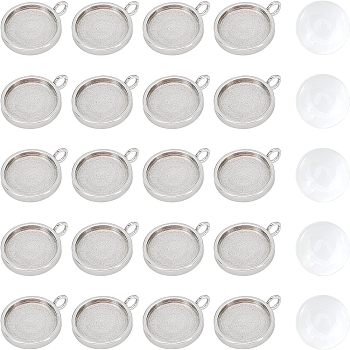 Unicraftale 62Pcs DIY 304 Stainless Steel Pendant Making Kits, with Flat Round Pendant Settings and 
Transparent Glass Cabochons, Stainless Steel Color, Tray: 12mm, 18x14x2mm, Hole: 2.5mm