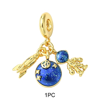 1Pc Travel Theme Brass Blue Enamel European Dangle Charms, Rocket & Planet & Spaceman Large Hole Pendants, Cadmium Free & Lead Free, Long-Lasting Plated, Real 18K Gold Plated, 28mm, Hole: 5mm