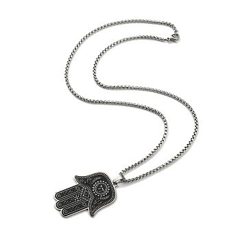 304 Stainless Steel Enamel Hamsa Hand Pendant Necklaces, Box Chains Necklaces for Women Men, Black, 19.49~19.88 inch(49.5~50.5cm)