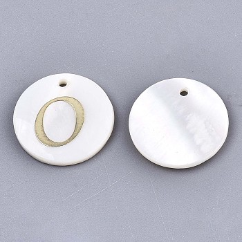 Natural Freshwater Shell Pendants, with Golden Plated Brass Etched Metal Embellishments, Flat Round with Letter, Letter.O, 15x2mm, Hole: 1.2mm