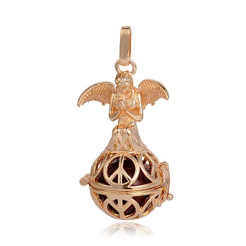 Golden Plated Brass Hollow Round Cage Pendants, with No Hole Spray Painted Brass Beads, Black, 45x25x24mm, Hole: 3x8mm