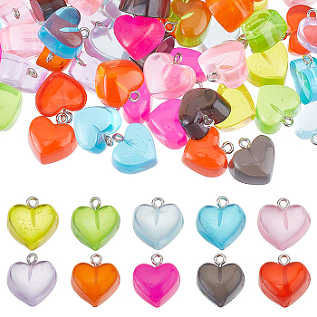 100Pcs 10 Colors Valentine's Day Transparent Resin Pendants, with Platinum Tone Iron Loops, Heart, Mixed Color, 16.5x17x9.5mm, Hole: 1.8mm, 10pcs/color