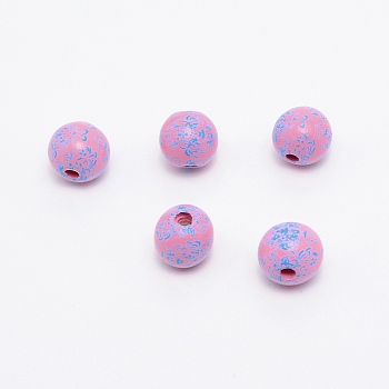 Printed Natural Wood Beads, Round with Blue Flower Pattern, Pearl Pink, 15~16mm, Hole: 3.6~4.2mm