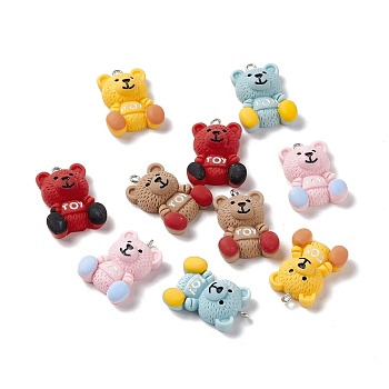 Opaque Resin Pendants, with Platinum Tone Iron Loops, Bear Charms with Word Toy, Mixed Color, 29x20.5x9.5mm, Hole: 2mm