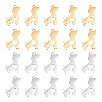 20Pcs 2 Colors 201 Stainless Steel Pendants, Silhouette Charms, Dog, Golden & Stainless Steel Color, 18x17x1mm, Hole: 1.6mm, 10pcs/color