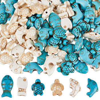 120Pcs 6 Styles Synthetic Turquoise Beads Strands, Dolphin & Fish & Turtle, Mixed Color, 13~22x11~20x5.5~8mm, Hole: 1~1.2mm, 20pcs/style
