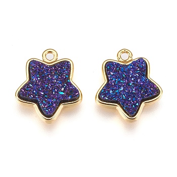 Resin Imitation Druzy Crystal Pendants, with Brass Findings, Star, Golden, DarkSlate Blue, 17.5x15x4~5mm, Hole: 1.5mm