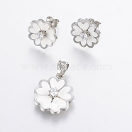 304 Stainless Steel Jewelry Sets, Pendants and Stud Earrings, with Enamel and Cubic Zirconia, Flower, Stainless Steel Color, 22x20x6mm, Hole: 7x5mm, 16x6mm, Pin: 0.8mm(SJEW-H128-10P)