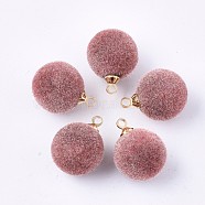 Flocky Acrylic Pendants, with Brass Findings, Round, Golden, Rosy Brown, 16x12mm, Hole: 1.6mm(X-FIND-T046-33C-23)