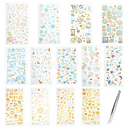 13 Styles 3D Puffy Stickers, Transparent Epoxy Resin Glitter Stickers, for Scrapbooking, Travel Diary Craft, with Iron Beading Tweezers, Mixed Shapes, 4~33x6~25mm, 1 sheet(DIY-OC0011-52)