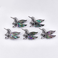 Abalone Shell/Paua Shell Brooches/Pendants, with Resin Bottom and Alloy Findings, Bird, Antique Silver, Dark Slate Gray, 31~32x53.5x12~12.5mm, hole: 6x3mm, Pin: 0.7mm(X-RESI-S376-19)