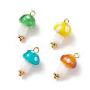 Handmade Lampwork Pendants, with Golden Plated Brass Loops, Mushroom, Mixed Color, 18.5~19x10~11mm, Hole: 1.6~2mm(PALLOY-JF01535)