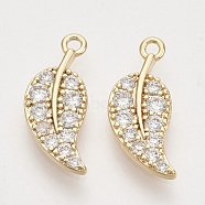 Brass Micro Pave Clear Cubic Zirconia Pendants, Nickel Free, Real 18K Gold Plated, Leaf, 15.5x6.5x1.5mm, Hole: 1.2mm(ZIRC-T011-13G-NF)