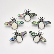 Mixed Shell Brooches/Pendants, with Rhinestone, Alloy Findings and Resin Bottom, Bee, Antique Silver, Seashell Color, 36x57x14mm, Hole: 7x4mm, Pin: 0.7mm(SHEL-S275-40B)