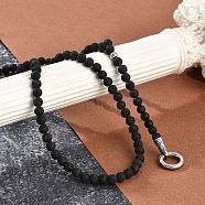 Natural Lava Rock Round Beaded Y Necklaces, 304 Stainless Steel Ring Pendant Necklaces for Women, Stainless Steel Color, 27.56~27.95 inch(70~71cm)(NJEW-F331-02P-02)