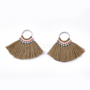Polycotton(Polyester Cotton) Tassel Pendant Decorations, with Brass Findings, Fan, Platinum, Camel, 40~45x48~57x3mm, Hole: 13mm(X-FIND-S287-13)