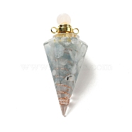 Natural Aquamarine Perfume Bottle Pendants, Resin Faceted Cone Charms with Golden Plated Brass Screw Cap, 46.5~48x19~20x17~18mm, Hole: 1.8mm(G-H285-01G-08)