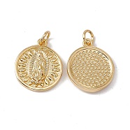 Brass Pendants, with Jump Ring, Cadmium Free & Nickel Free & Lead Free, Rack Plating, Flat Round with Virgin Pattern, Real 18K Gold Plated, 17.5x15x2.5mm, Hole: 3mm(KK-G439-46G)