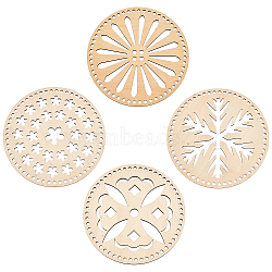 Wooden Basket Bottoms, Crochet Basket Base, for Basket Weaving Supplies and Home Decoration Craft, Flat Round with Flower & Snowflake, BurlyWood, 20x0.5cm, 4 styles, 1pc/style, 4pcs/set(WOOD-GA0001-13)