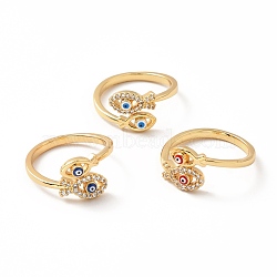 Cubic Zirconia Jesus Fish with Evil Eye Open Cuff Ring with Enamel, Real 18K Gold Plated Brass Jewelry for Women, Lead Free & Cadmium Free, Mixed Color, US Size 6(16.5mm)(RJEW-H101-35G)