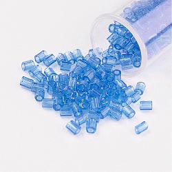11/0 Two Cut Round Hole Glass Seed Beads, Hexagon, Transparent Colours, Deep Sky Blue, 2x2mm, Hole: 0.5mm, about 41000pcs/pound(SEED-G006-2mm-03B)