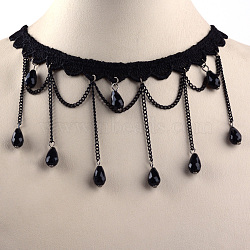 Gothic Style Vintage Lace Choker Necklaces, with Iron Chains, Glass Beads, Black, 12.9 inch(X-NJEW-Q291-31)