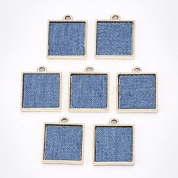 Alloy Pendants, with Cloth, Square, Light Gold, Steel Blue, 19.5x16x3mm, Hole: 2mm(X-PALLOY-S122-20)