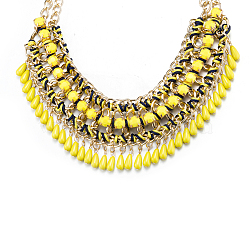Zinc Alloy Bib Statement Necklaces, with Resin, Teardrop, Yellow, Golden, 18.5 inches(47cm)(NJEW-BB32366-B)