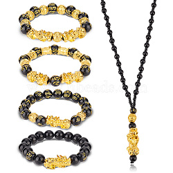 5Pcs 5 Style Om Mani Padme Hum Mala Bead Bracelets & Buddhist Necklaces, Alloy Pi Xiu & Acrylic Beaded Stretch Bracelet & Pendant Necklace for Women, Mixed Color, Inner Diameter: 1-7/8~2-3/8 inch(4.8~6cm), 25.04 inch(63.6cm), 1Pc/style(SJEW-AN0001-44)
