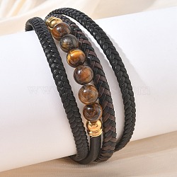 Braided Microfiber Leather Cord & Natural Tiger Eye Multi-strand Bracelets, 304 Stainless Steel Bracelets for Women Men for Men, with Magnetic Clasps, Black, 8.58 inch(21.8cm)(BJEW-C153-01H)