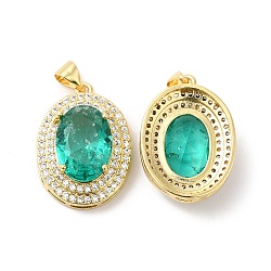 Real 16K Gold Plated Brass Micro Pave Cubic Zirconia Pendants, with Glass, Oval Charms, Green, 23x17x8mm, Hole: 5x3.5mm(ZIRC-L103-061G-04)
