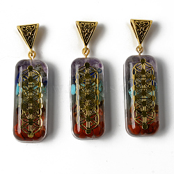Rectangle Epoxy Resin Big Pendants, Spiritual Charms, with Natural Amethyst & Lapis Lazuli & Sodalite & Green Aventurine & Tiger Eye & Carnelian & Red Jasper Chips inside, and Brass Sticker, Alloy Bails, Flower of Life Pattern, 45~47x16~17x10.5~11.5mm, Hole: 4.5x9mm(G-R478-18A)