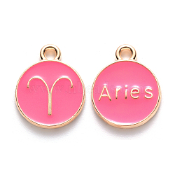 Alloy Enamel Pendants, Cadmium Free & Lead Free, Flat Round with Constellation, Light Gold, Cerise, Aries, 22x18x2mm, Hole: 1.5mm(X-ENAM-S124-01A-03A)