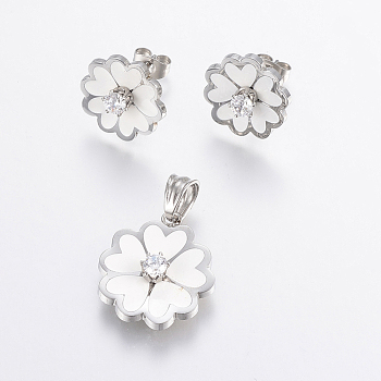 304 Stainless Steel Jewelry Sets, Pendants and Stud Earrings, with Enamel and Cubic Zirconia, Flower, Stainless Steel Color, 22x20x6mm, Hole: 7x5mm, 16x6mm, Pin: 0.8mm